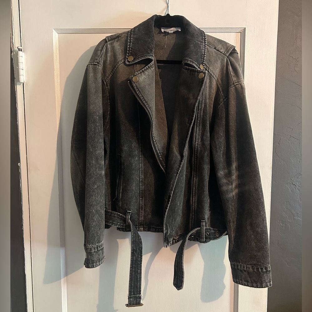 Oversized denim moto black jacket